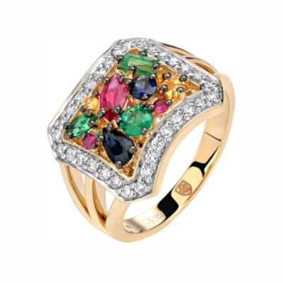 Кольцо из желтого золота 750 пробы с изумрудами, рубинами, бриллиантами и сапфирами 01К6413466-1