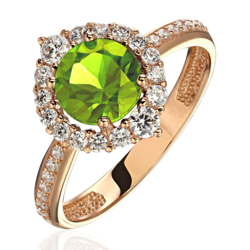 Кольцо из красного золота 585 пробы с хризолитом и фианитами 01К3116531-5