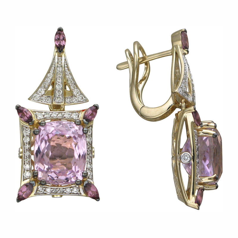Серьги из желтого золота 585 пробы с кунцитами, родолитами и бриллиантами 01С6314320-1