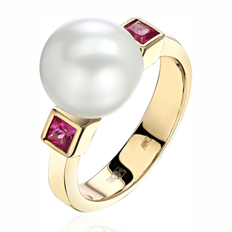 Кольцо из желтого золота 585 пробы с жемчугом и рубинами 01К5313463-1