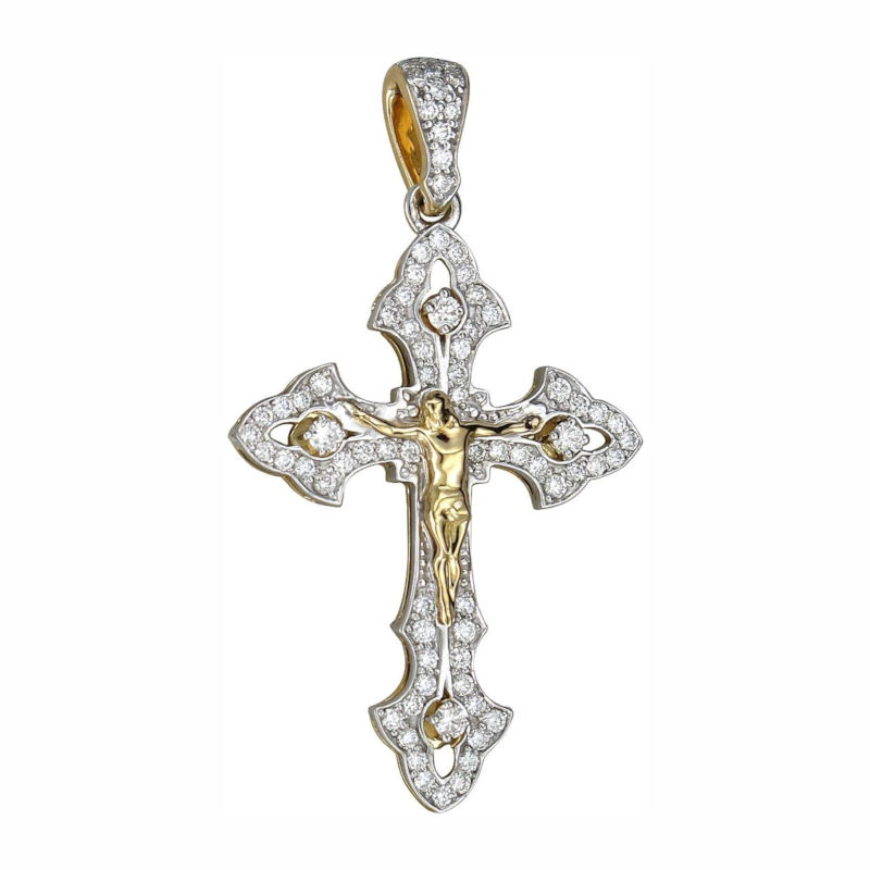 Крест нательный из двух цветов золота 750 пробы с бриллиантами 01Р6801087
