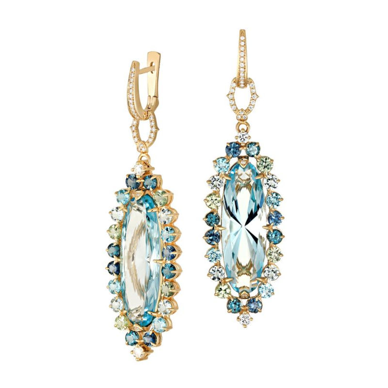 Серьги из желтого золота 585 пробы с топазами, сапфирами и бриллиантами 01С636829L-1 Серьги из желтого золота 585 пробы с топазами, сапфирами и бриллиантами 01С636829L-1