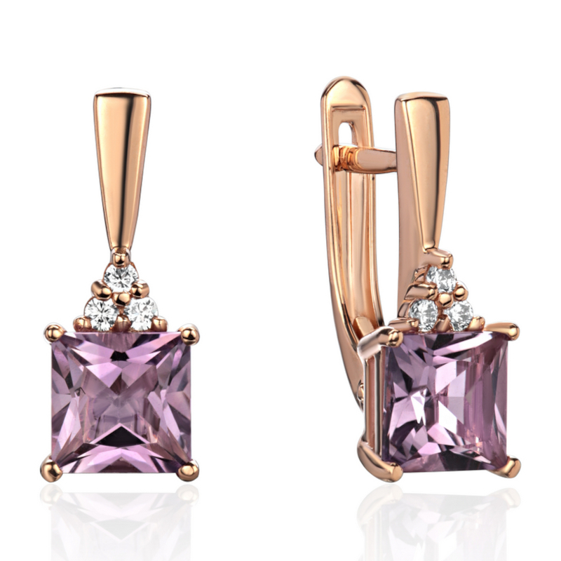 Серьги из красного золота 585 пробы с аметистами и фианитами 01С3115413-2