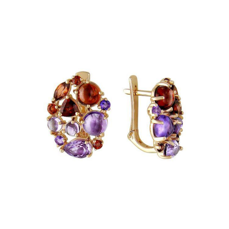 Серьги из золоченого серебра 925 пробы с гранатами и аметистами 01С356342А-1