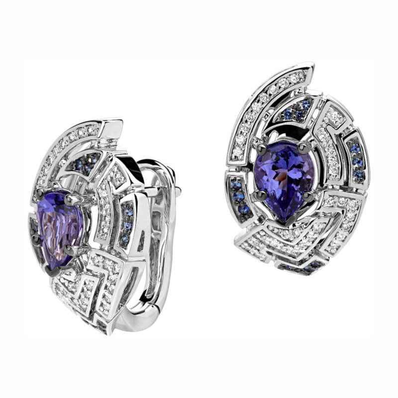 Серьги из белого золота 750 пробы с танзанитами, сапфирами и бриллиантами 01С6713136-2 Серьги из белого золота 750 пробы с танзанитами, сапфирами и бриллиантами 01С6713136-2