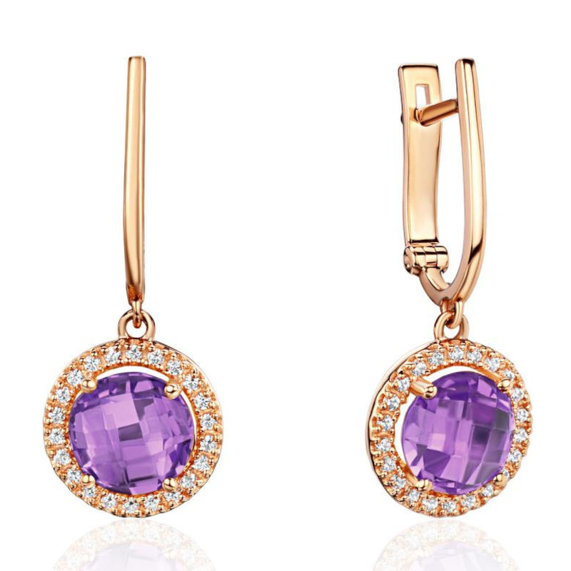 Серьги из красного золота 585 пробы с аметистами и фианитами 01С3115411-4