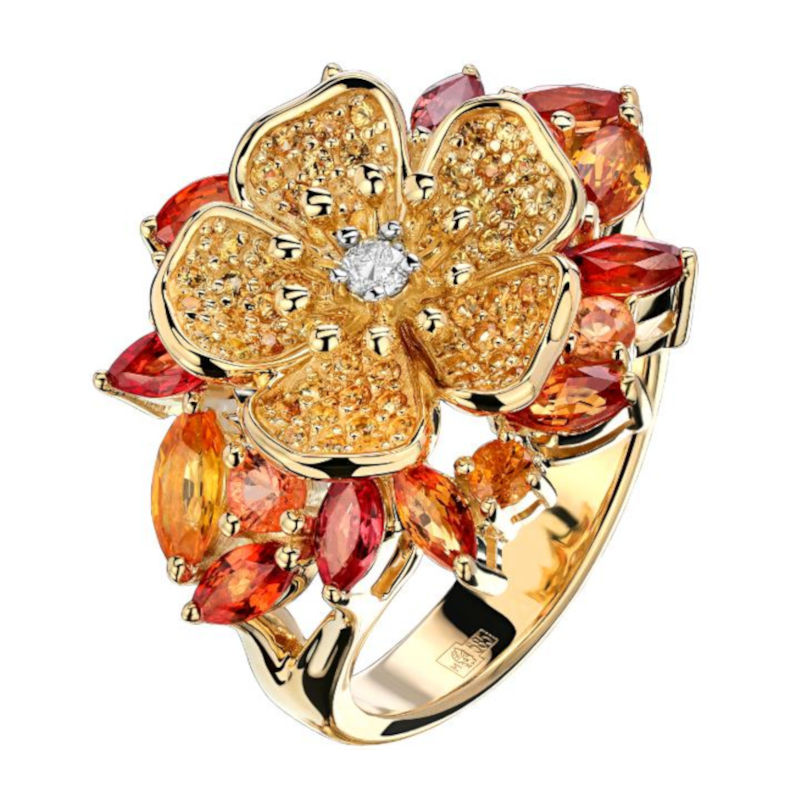 Кольцо из желтого золота 750 пробы с бриллиантом и сапфирами 01К6313474-3