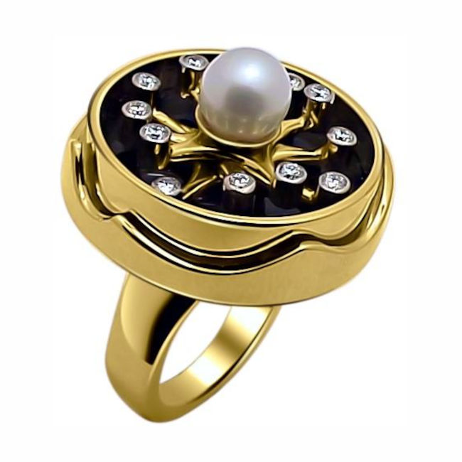 Кольцо из комбинированного золота 750 пробы с жемчугом, агатом и бриллиантами 0РК680026