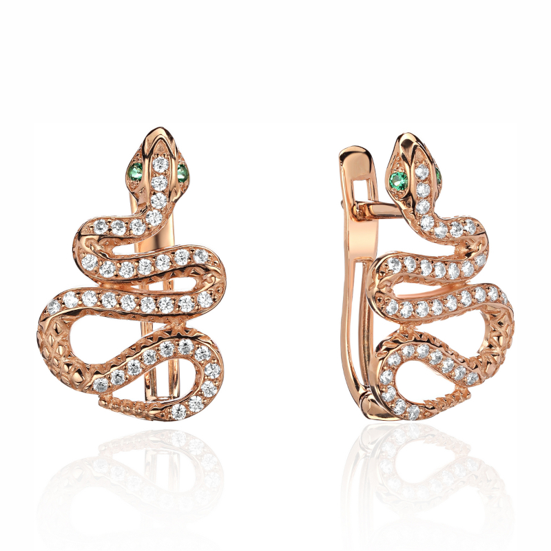 Серьги из красного золота 585 пробы с наноизумрудами и фианитами 01С218514-1