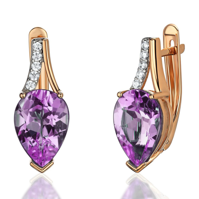 Серьги из красного золота 585 пробы с фианитами и аметистами 01С3115465Р-3