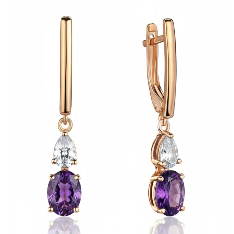 Серьги из красного золота 585 пробы с аметистами и фианитами 01С3116573-8