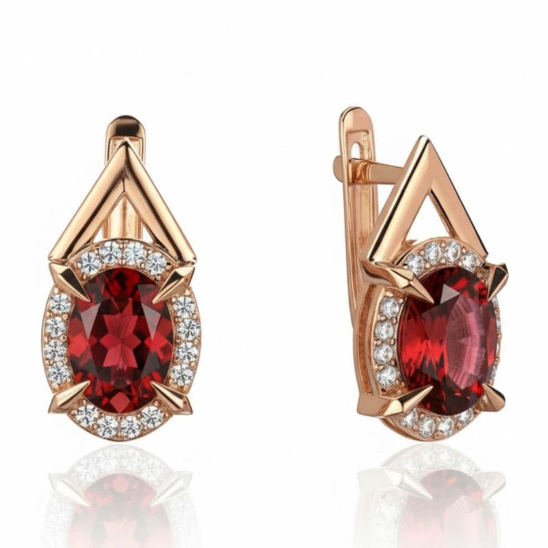 Серьги из красного золота 585 пробы с гранатами и фианитами 01С3116523-2