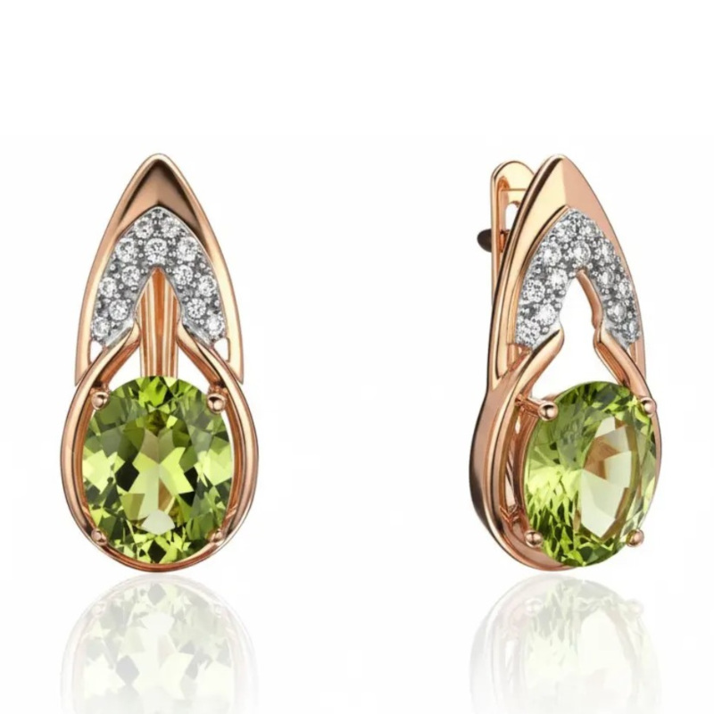 Серьги из красного золота 585 пробы с хризолитами и фианитами 01С3116447-6
