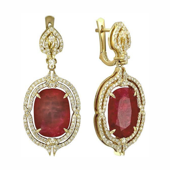 Серьги из желтого золота 585 пробы с рубинами и бриллиантами 01С636758-1 Серьги из желтого золота 585 пробы с рубинами и бриллиантами 01С636758-1