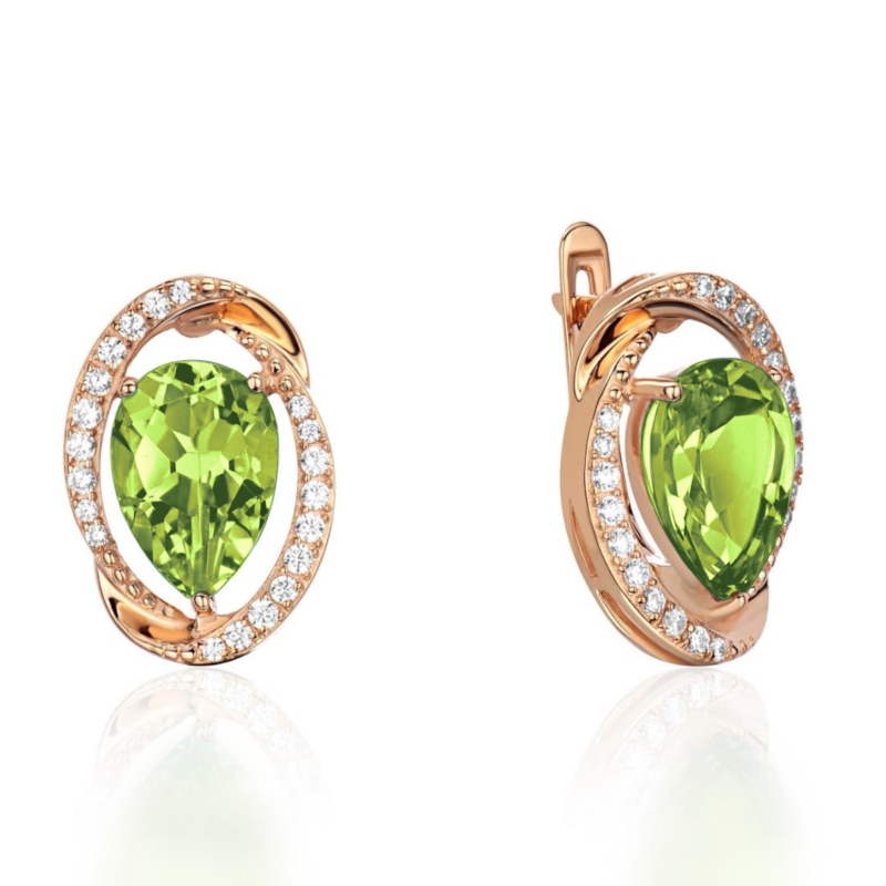 Серьги из красного золота 585 пробы с хризолитами и фианитами 01С3116629-2