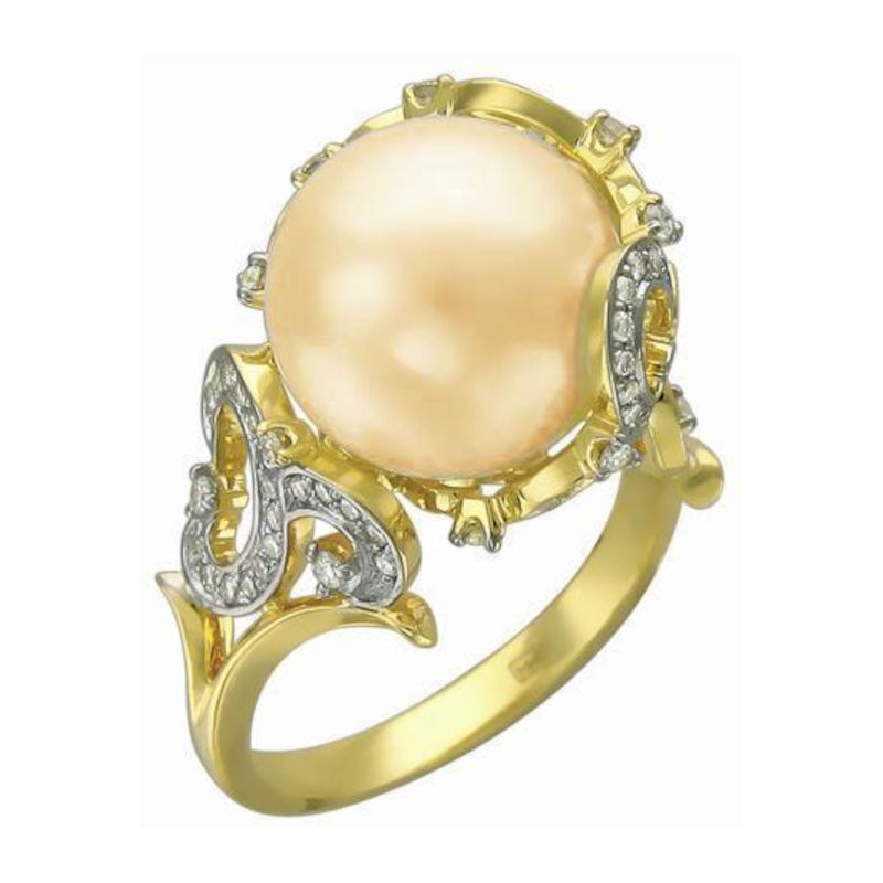 Кольцо из желтого золота 585 пробы с жемчугом и бриллиантами 01К636974-1