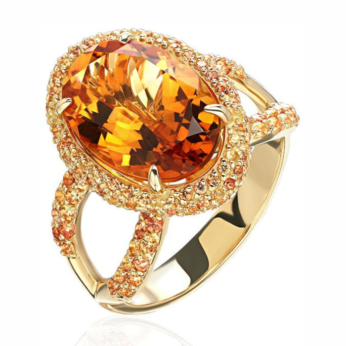 Кольцо из желтого золота 750 пробы с цитрином, сапфирами и бриллиантами 01К644638-1