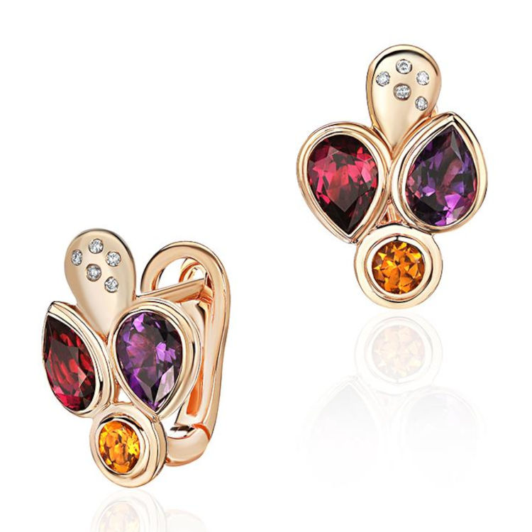 Серьги из красного золота 585 пробы с цитринами, родолитами, аметистами и бриллиантами 01С6116545-1