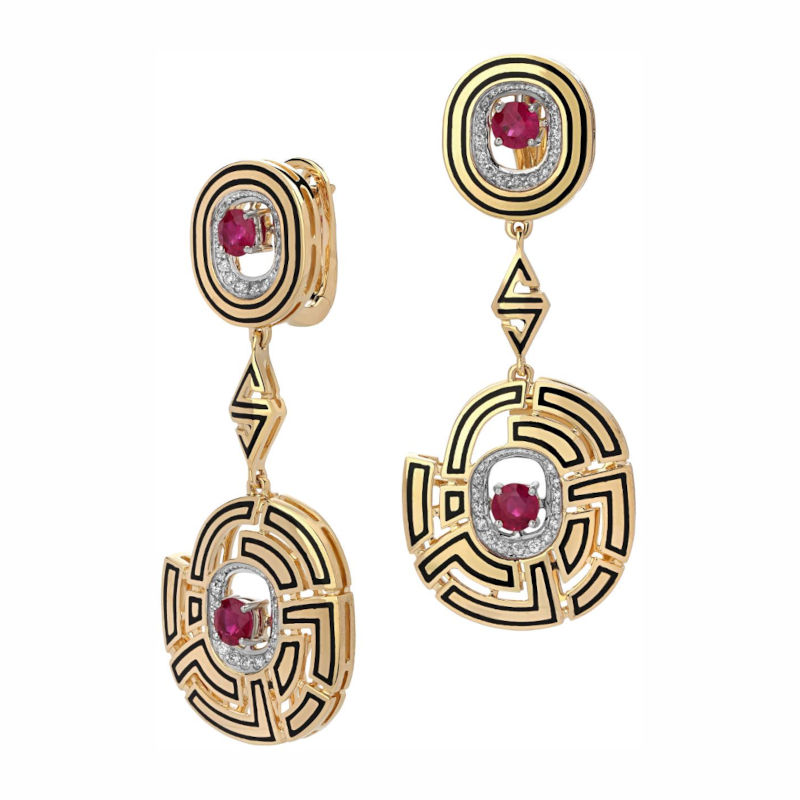 Серьги из комбинированного золота 585 пробы с рубинами, бриллиантами и эмалью 01С6613140ЭЖY-1