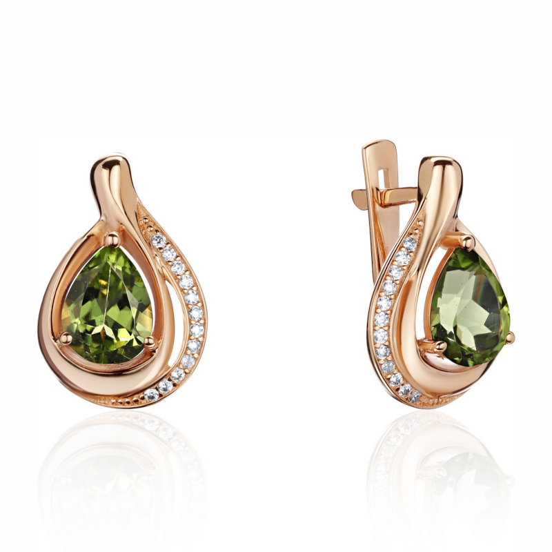 Серьги из красного золота 585 пробы с  хризолитами и фианитами 01С3115348-2
