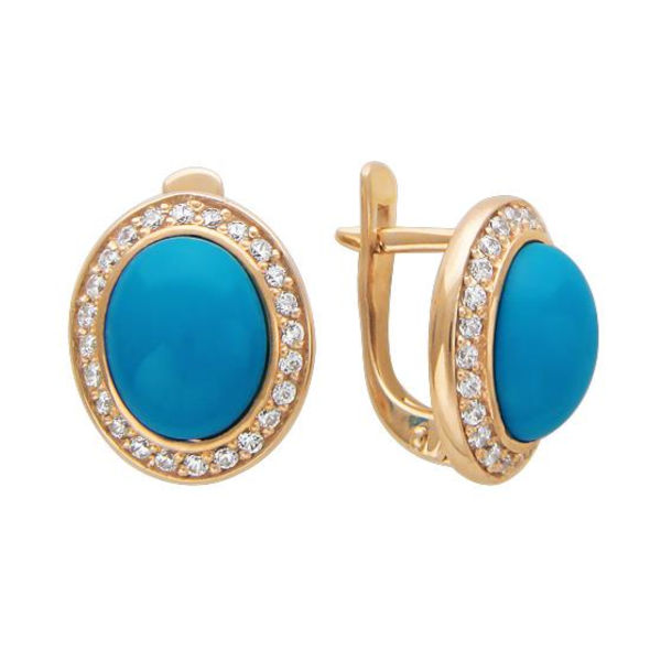 Серьги из красного золота 585 пробы с бирюзой и фианитами 01С415096-1