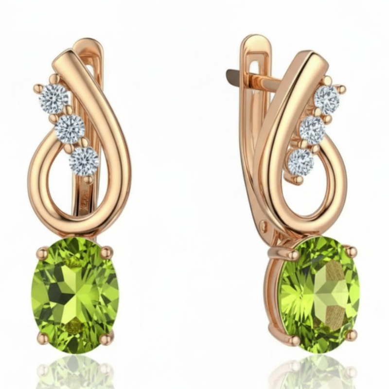 Серьги из красного золота 585 пробы с хризолитами и фианитами 01С3116439-5