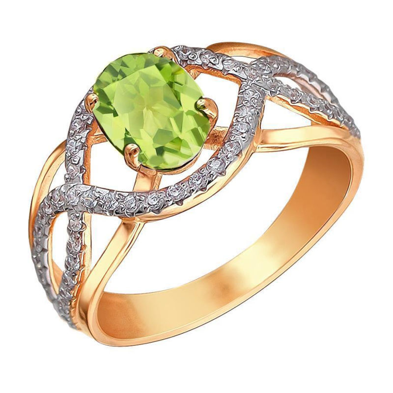 Кольцо из золоченого серебра 925 пробы с фианитами и хризолитом 01К3512372А-3