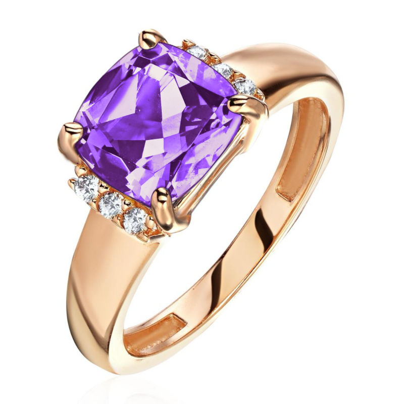 Кольцо из красного золота 585 пробы с аметистом и фианитами 01К3115472-5