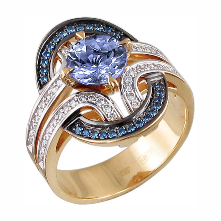 Кольцо из желтого золота 750 пробы с танзанитом, сапфирами и бриллиантами 01К649833-2