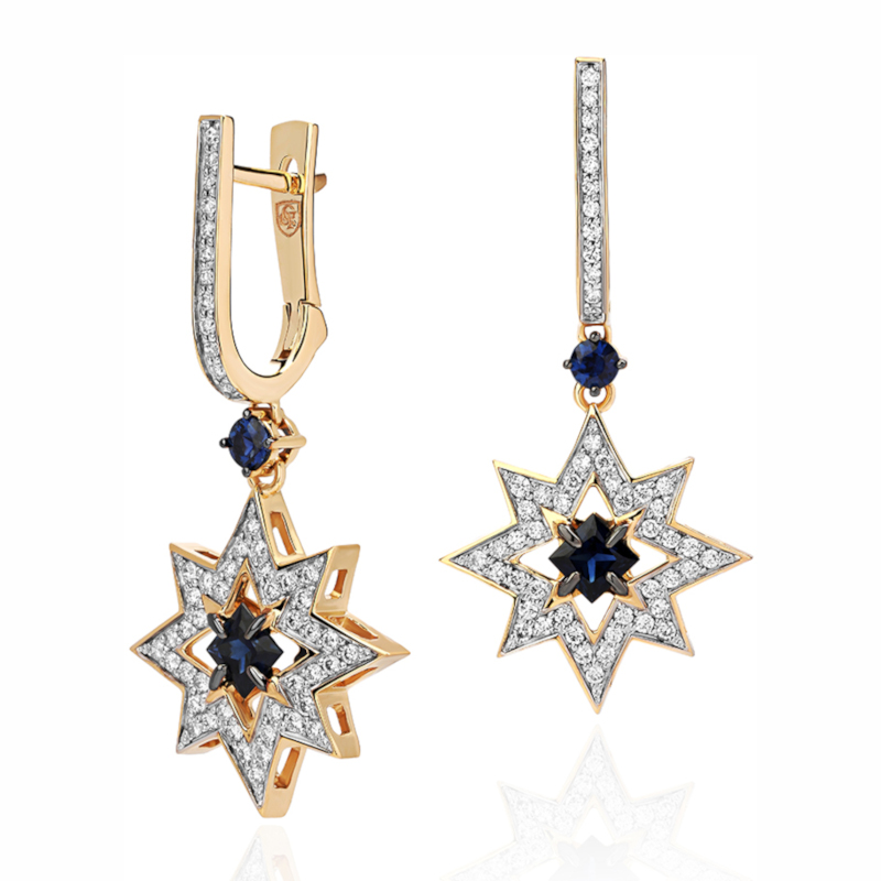 Серьги из желтого золота 585 пробы с сапфирами и бриллиантами 01С6312342-3 Серьги из желтого золота 585 пробы с сапфирами и бриллиантами 01С6312342-3