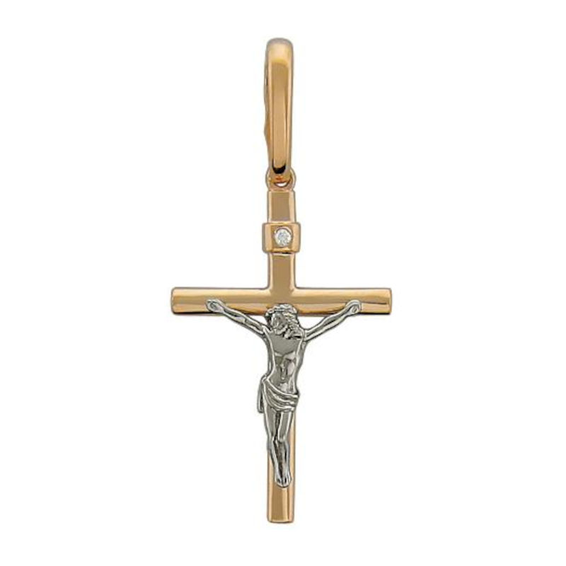 Крест нательный из двух цветов золота 585 пробы с бриллиантом 01Р660616
