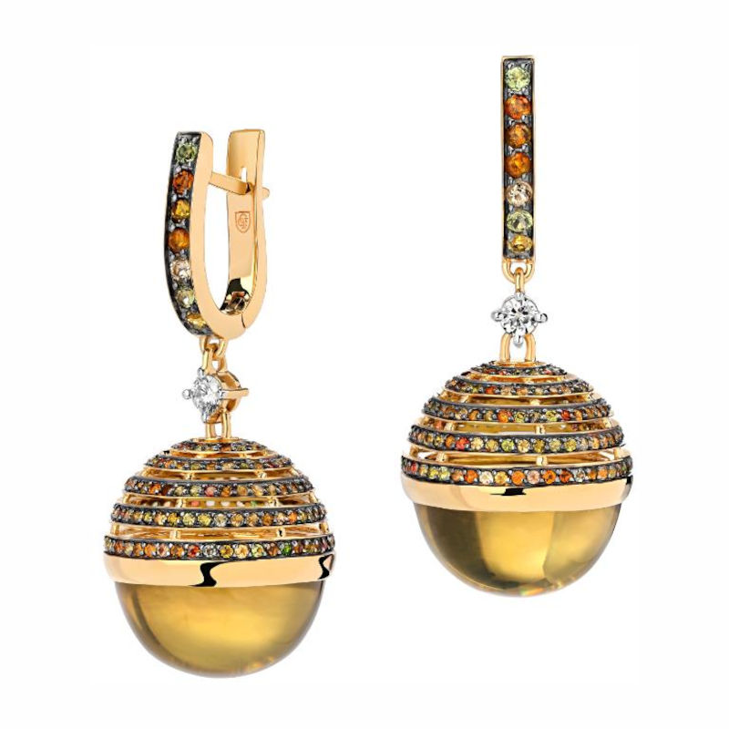 Серьги из желтого золота 585 пробы с турмалинами, аметистами, кварцем, родолитами, турмалинами и бриллиантами 01С6312182-3