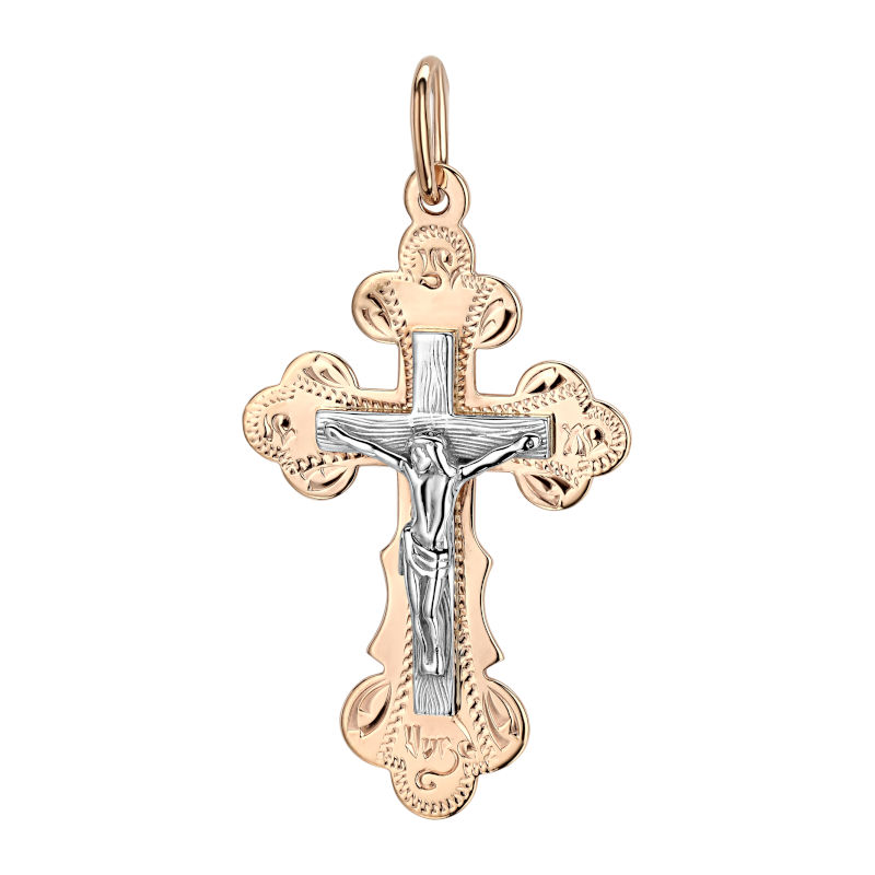 Крест нательный из двух цветов золота 585 пробы без вставок 01Р760729