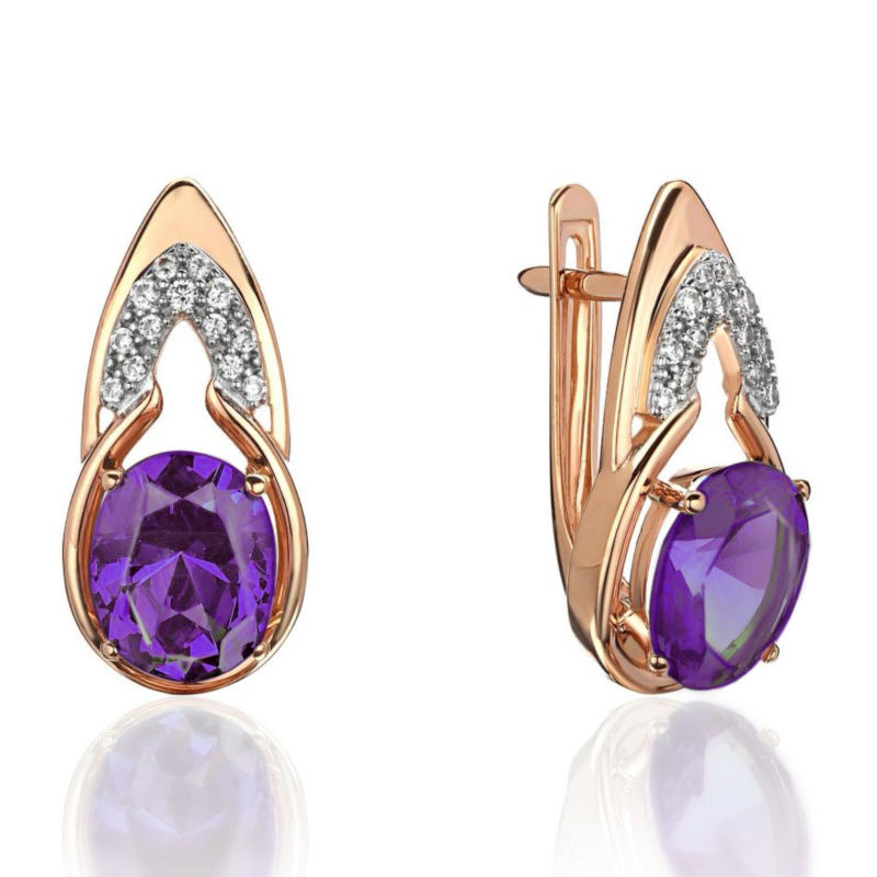Серьги из красного золота 585 пробы с аметистами и фианитами 01С3115347-4