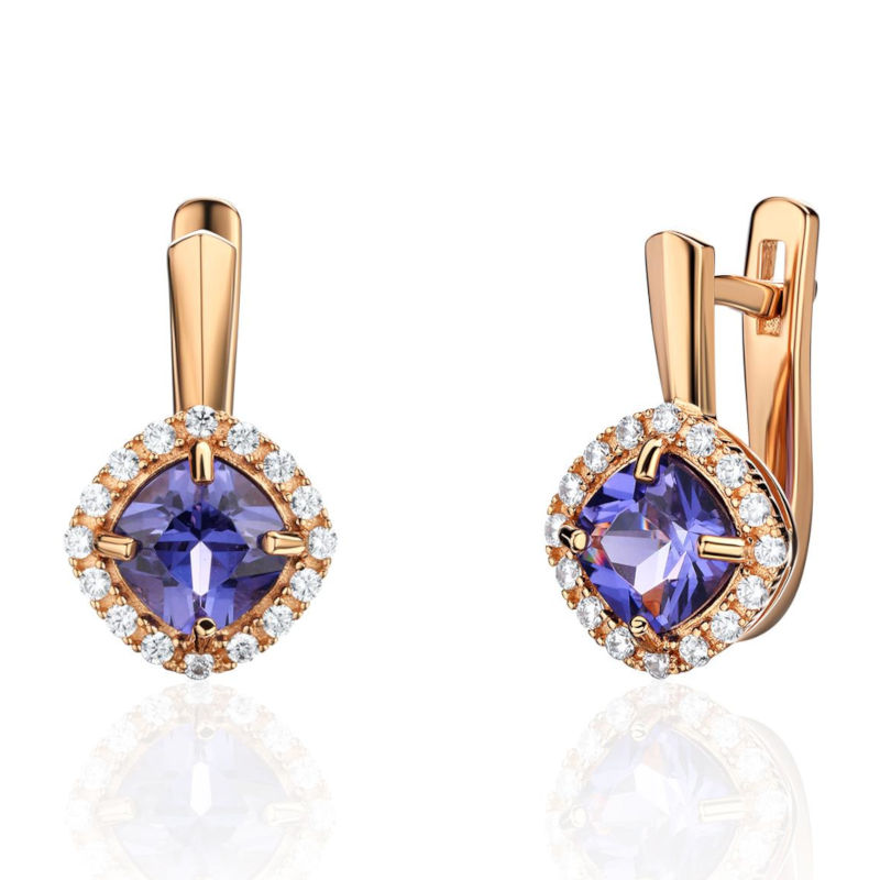 Серьги из красного золота 585 пробы с наноситал танзанитом и фианитами 01С2115434-2