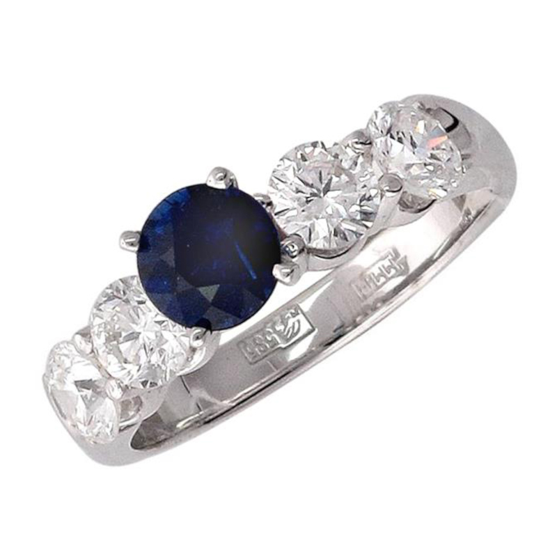 Кольцо из белого золота 585 пробы с сапфиром и бриллиантами 01К626012-1