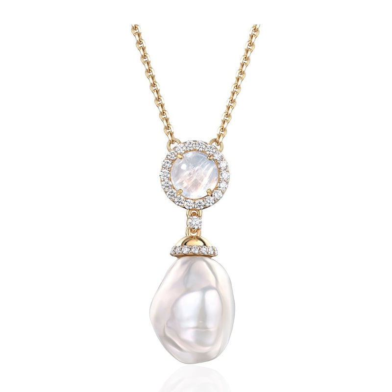 Колье из желтого золота 585 пробы с лунным камнем и жемчугом 01Л632595-1