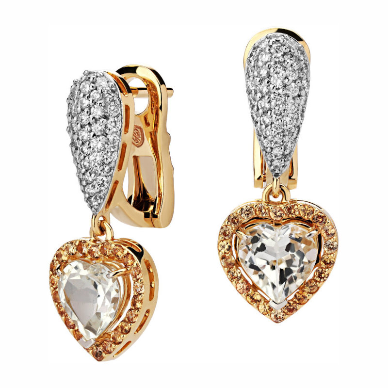 Серьги из желтого золота 585 пробы с топазами, гиацинтами и бриллиантами 01С6314070-1