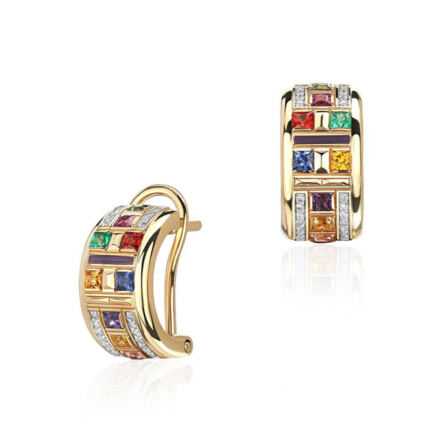 Серьги из желтого золота 585 пробы с изумрудами, сапфирами, бриллиантами и эмалью 01С6316636Э-1