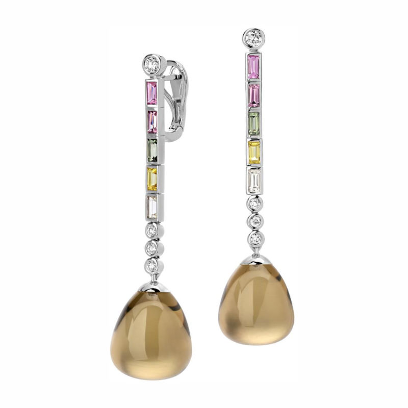 Серьги из белого золота 585 пробы с сапфирами, кварцем и бриллиантами 01С6214096-7