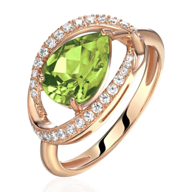 Кольцо из красного золота 585 пробы с хризолитом и фианитами 01К3116629-2