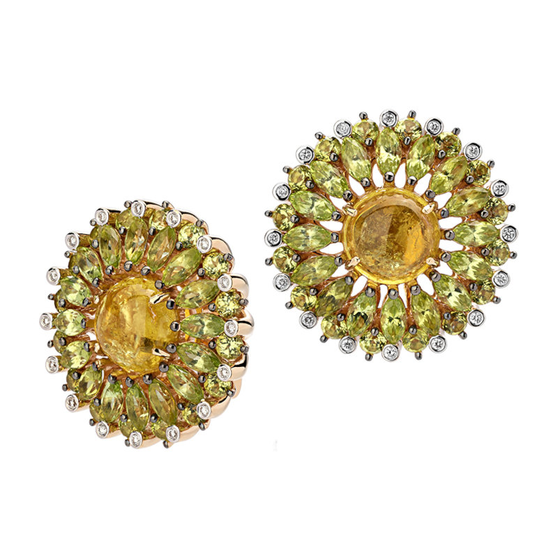 Серьги из желтого золота 585 пробы с хризолитами, турмалинами и бриллиантами 01С6311220-4 Серьги из желтого золота 585 пробы с хризолитами, турмалинами и бриллиантами 01С6311220-4