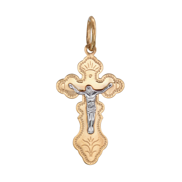 Крест нательный из комбинированного золота 585 пробы без вставок 01Р060475