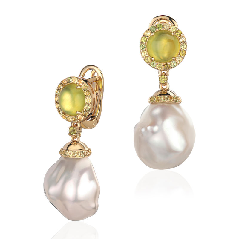 Серьги из желтого золота 585 пробы с жемчугом, пренитами и турмалинами 01С3317068-2