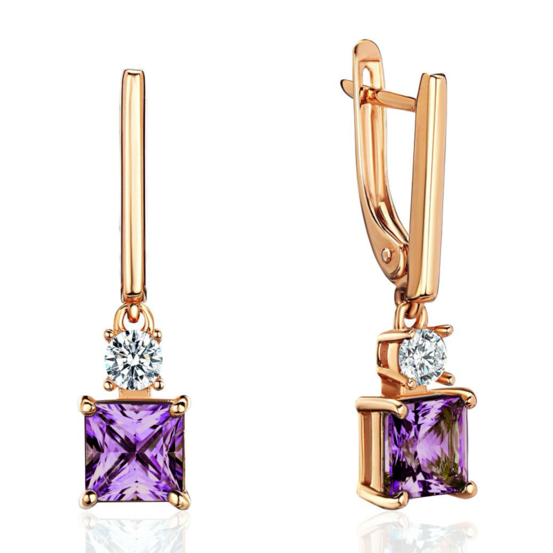 Серьги из красного золота 585 пробы с аметистами и фианитами 01С3115366-1