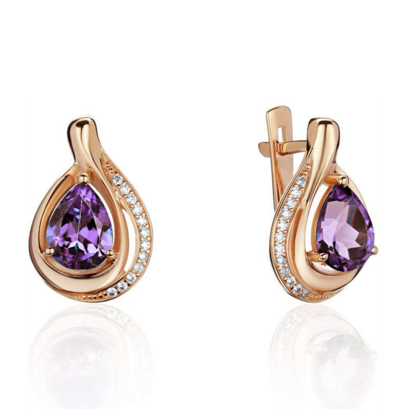 Серьги из красного золота 585 пробы с аметистами и фианитами 01С3115348-4