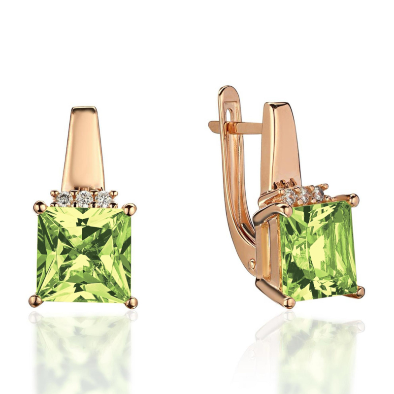 Серьги из желтого золота 585 пробы с наносинтал хризолитом и фианитами 01С2315472-1