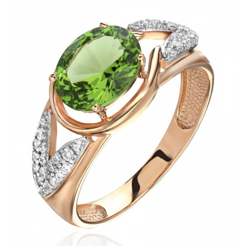 Кольцо из красного золота 585 пробы с хризолитом и фианитами 01К3116447-6