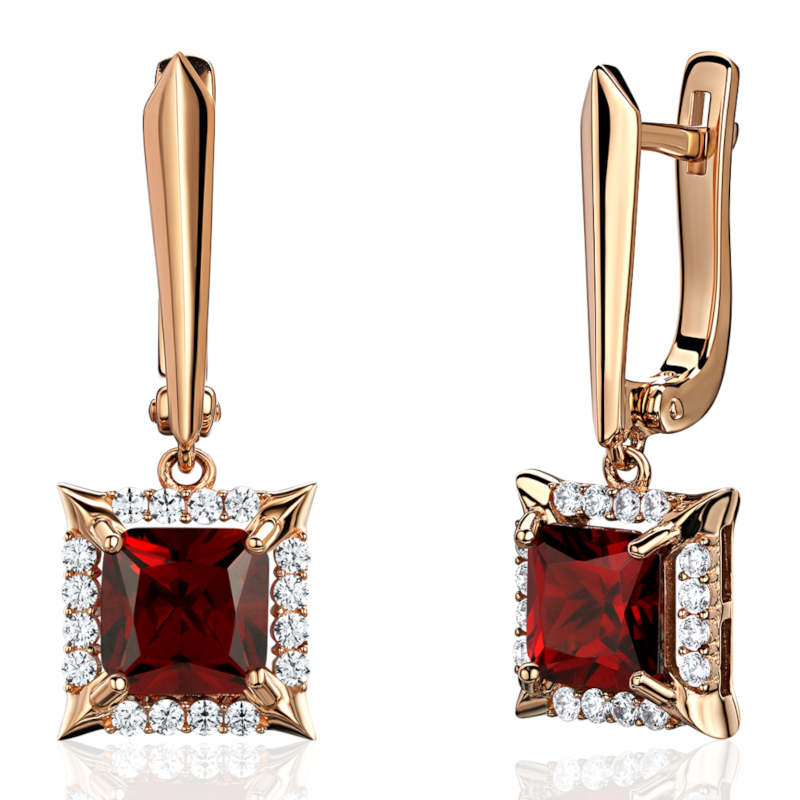 Серьги из красного золота 585 пробы с гранатами и фианитами 01С3115422-2