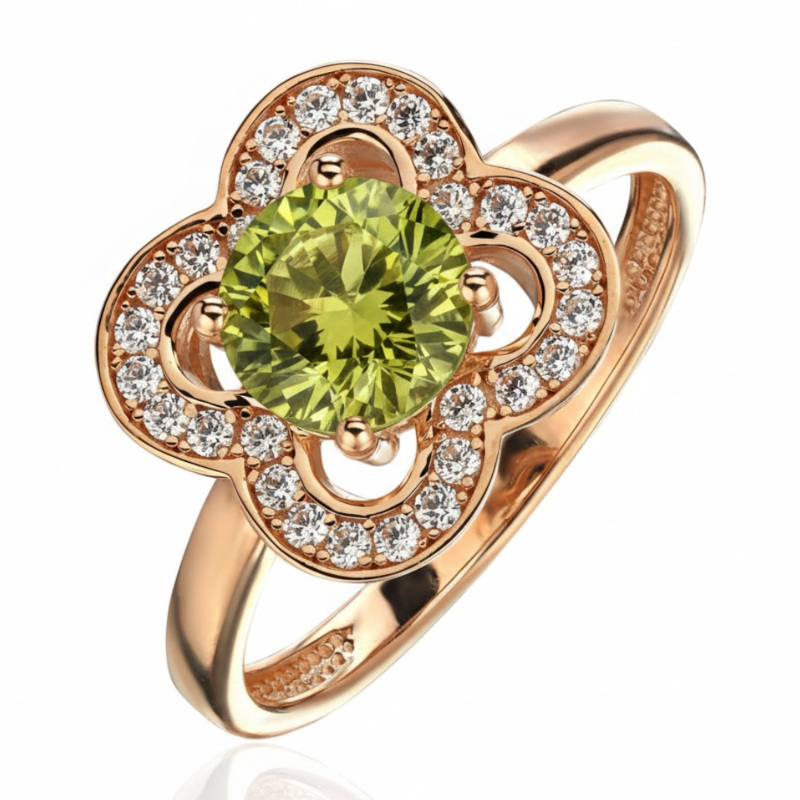 Кольцо из красного золота 585 пробы с хризолитом и фианитами 01К3116530-2